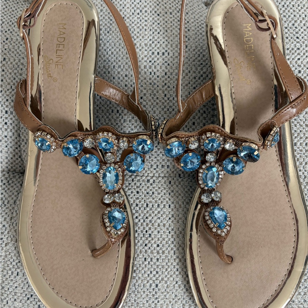 Madeline Stuart Tan Sandals with Blue Gems